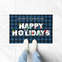 Happy Holidays Christmas Buffalo Check Plaids Blue Doormat