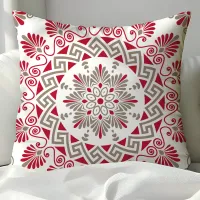 Red and Mocha Greek Key Mandala Throw Pillow