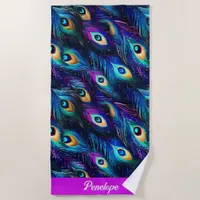 Glamorous Peacock Feather Purple Beach Towel