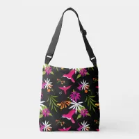 Hummingbird Tropical Flower Black Pink Patterned Crossbody Bag