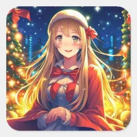 Pretty Anime Girl on Winter Day Christmas Square Sticker