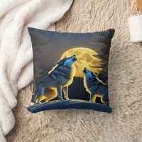 Wolves Howling Under Full Moon.  Throw Pillow