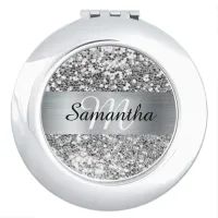 Sparkly Silver Glitter Shimmer Foil Monogram Compact Mirror