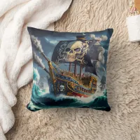 Dramatic Pirate Ship Battling Rough Seas at Dusk Throw Pillow