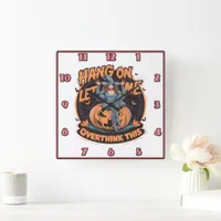 A whimsical witch perched on a pumpkin at dusk square wall clock