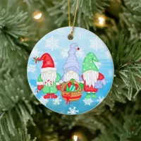 Cute whimsical Festive Christmas Gnomes  Ceramic Ornament