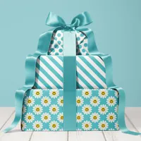 Blue Daisy Floral Stripes Polka Dot  Wrapping Paper Sheets