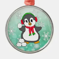 Cute Penguin Throwing Snowballs Christmas Metal Ornament