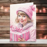 Cute Little Girl in Pink Retro Christmas Card