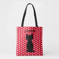 Personalized Black Cat Silhouette Polka Dots  Tote Bag
