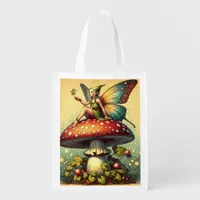 Vintage Fairy on a Retro Mushroom Fairytale Grocery Bag