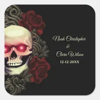 Red eyes floral dark moody gothic skull halloween square sticker