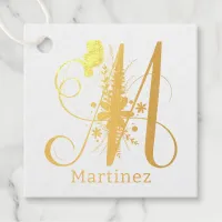 Elegant Floral Letter M Gold Cursive with Name Foil Favor Tags