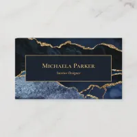 Navy Blue Gold Agate Professional QR Code Business Card