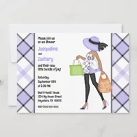 Mom-to-Be (dark skin) Purple Plaid Baby Shower Invitation