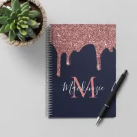 Rose Gold Sparkle Glitter Drips Navy Blue Monogram Notebook