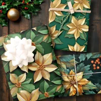 Golden Poinsettia Flower on Green Christmas Wrapping Paper Sheets