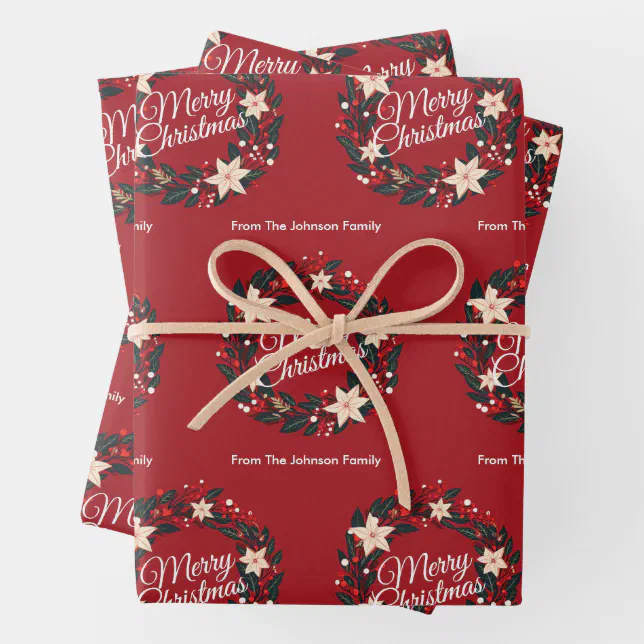 Merry Christmas Wreath Red Poinsettia Family Name Wrapping Paper Sheets