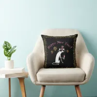 Happy New Year Wine Quote with Cat Throw Pillow