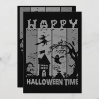 Happy Halloween Witch House Ghost Cemetery B&W Invitation