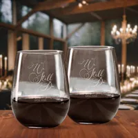 Elegant Wedding Anniversary Vow Renewal  Stemless Wine Glass