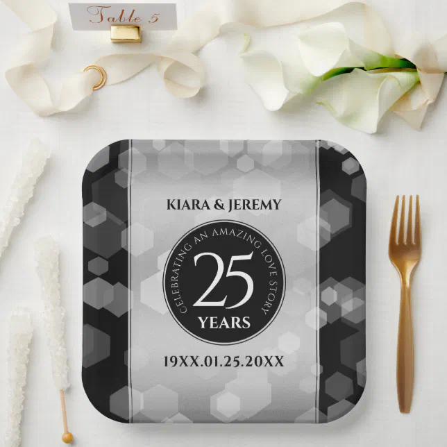 Elegant 25th Silver Wedding Anniversary Paper Plates