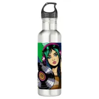 Pop Art Girl with Record  Stainless Steel Water Bottle