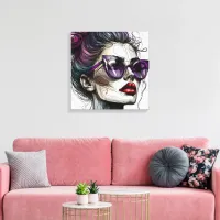 Pretty Woman in Sunglasses and Purple Lipstick Canvas Print