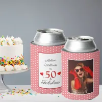 50 & Fabulous Birthday Photo 50th Party Pink White Can Cooler