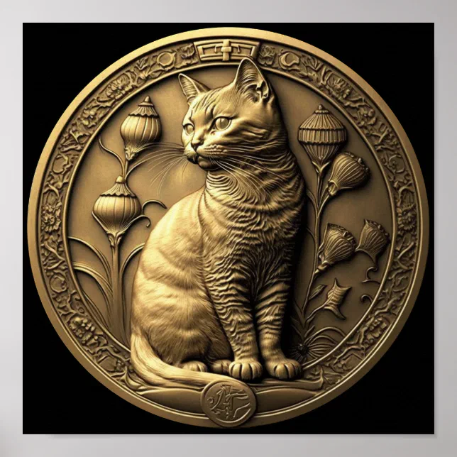 Gold Sitting Cat Medallion Poster