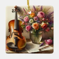 Violin, Sheet Music and a Vase of Flowers  Ceramic Ornament