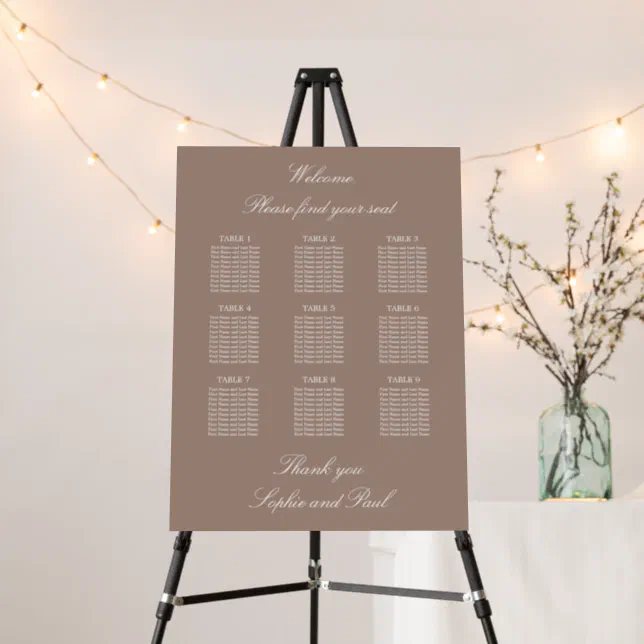 Taupe 9 Table Wedding Seating Chart Foam Board