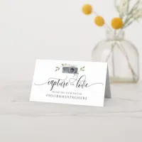 Wedding Hashtag Sign Calligraphy Watercolor Camera Place Card