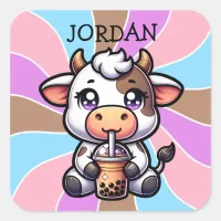 Cute Baby Cow Drinking Boba Kawaii Cartoon Square Sticker
