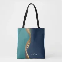 Elegant Gold Wave Blue Teal with Name Tote Bag