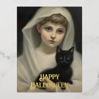 Ghost and a Black Cat Halloween Foil Holiday Postcard