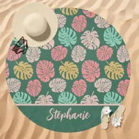 Pink and Green Tropical Monstera Leaf Custom Name Beach Towel