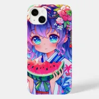 Cute Anime Girl Eating Watermelon on a Summer Day Case-Mate iPhone 14 Plus Case