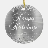 Glittery Silver Foil Happy Holidays Family Photo Ceramic Ornament