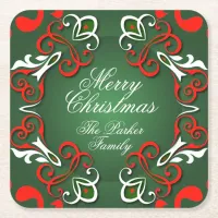 Merry Christmas Elegant Baroque Red Green & White Square Paper Coaster