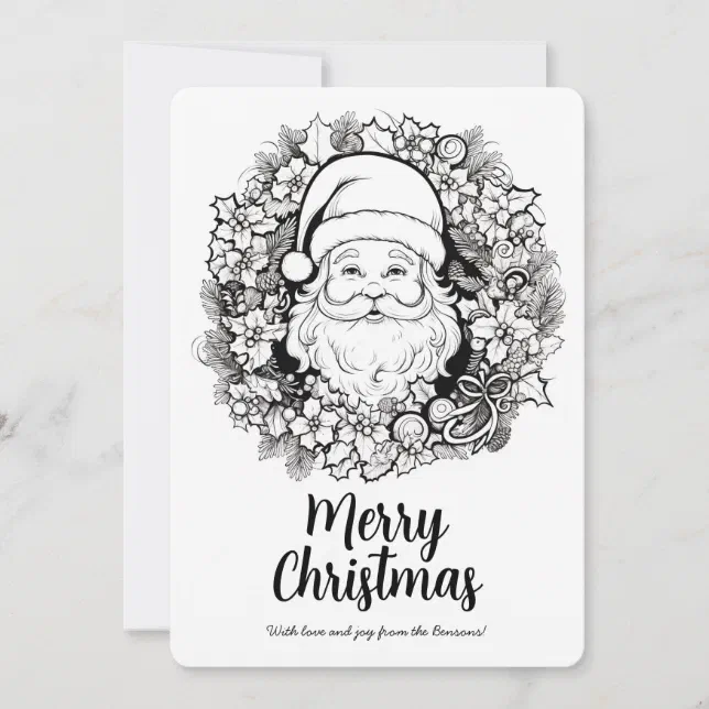 Cute Santa Christmas Wreath Coloring Holiday Card