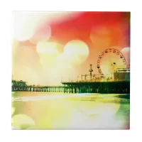 Santa Monica Pier - Bursting Colors Photo Edit Ceramic Tile