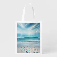 Pretty Blue Ocean Waves and Sea Glass  Grocery Bag