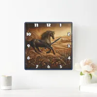 Running Horse in a Rustic Landscape at Dusk Square Wall Clock