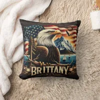 Bald Eagle Perched by Mountains and American Flag Throw Pillow