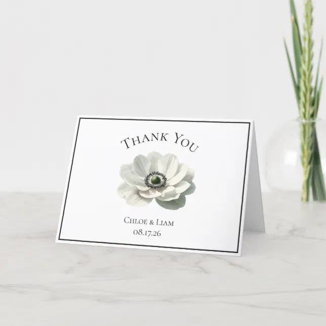 Elegant Anenome Flower Wedding Black & White Thank You Card