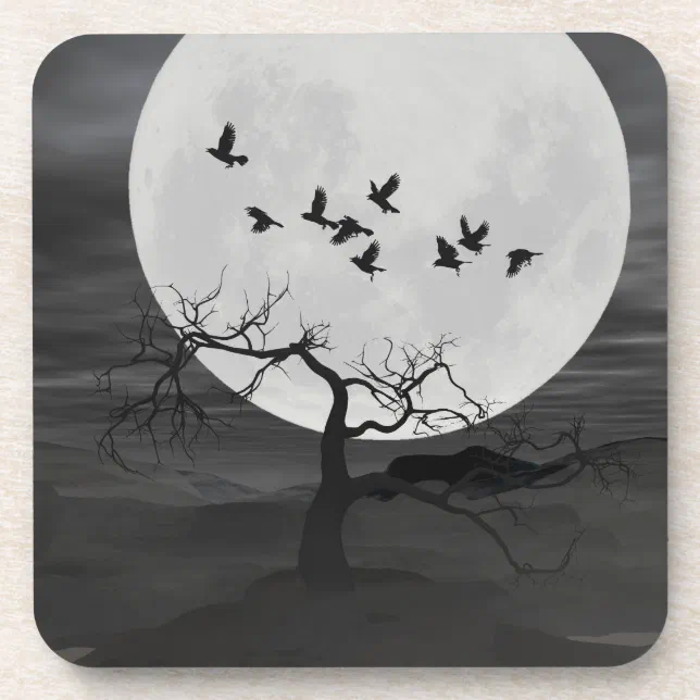 Spooky Ravens Flying Against the Full Moon Coaster