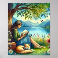 Girl Reading a Book under a Tree with a Sleepy Cat Poster