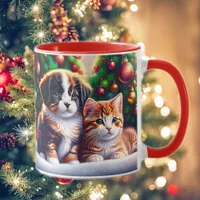 Cute puppy and cat under Christmas tree Mug