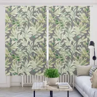 Soft Green foliage leaves on Charcoal | Blackout Curtains